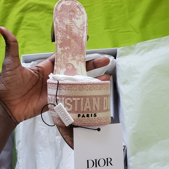 Dior Shoes - Dway Heeled Slide Toile de Jouy Light Pink and Ecru Embroidered